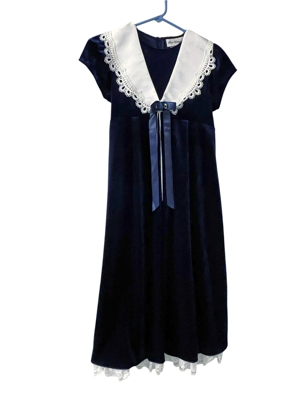Rare Editions Girls Navy Velvet White Sailor Collar Dress Lace Trim Size 12